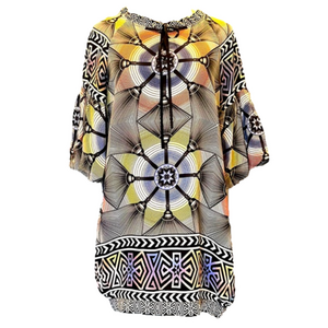 Silk Bishop Puff Sleeve Kaleidoscope Geometric Print Shift Dress Size Small